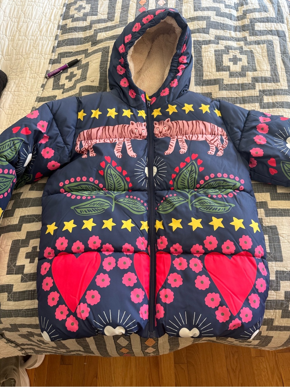 Boden Navy Puffer Jacket with Pink Hearts & Floral Print New without tags